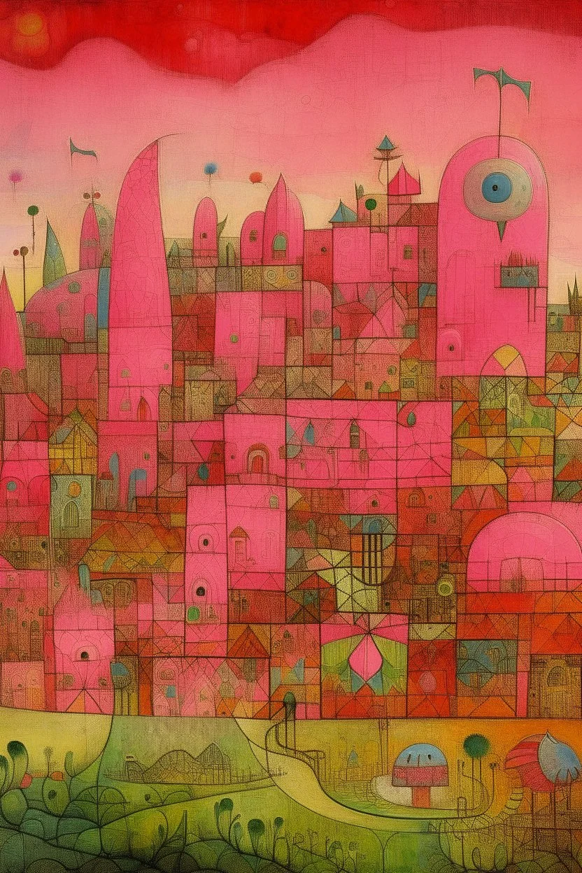 A pink cybernetic realm with pixie turtles painted by Paul Klee