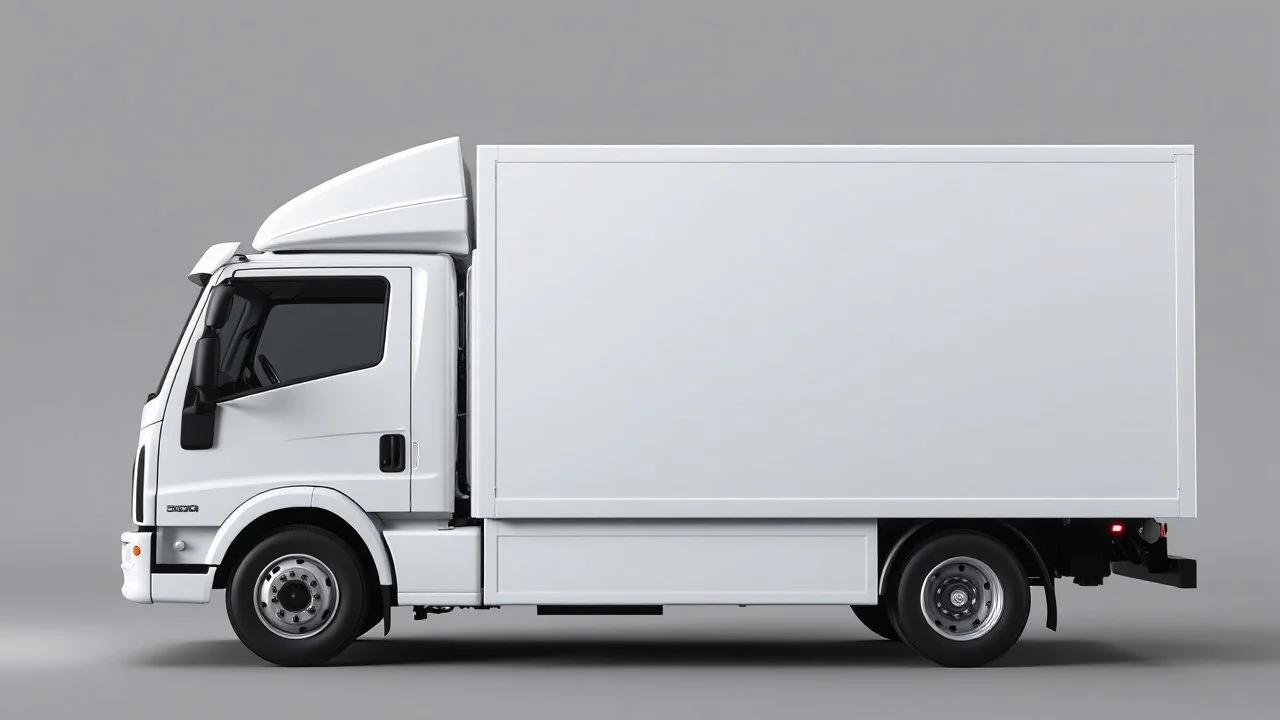 side profile of a white generic light commercial truck with cube box, pixxar