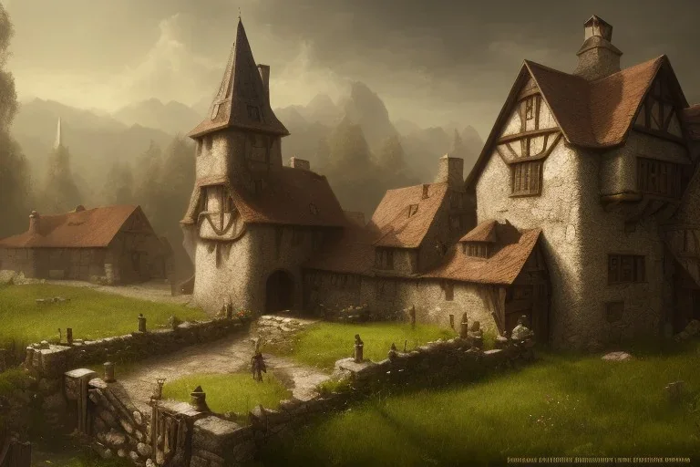 a small medieval hamlet, fantasy, d&d, concept art, sharp focus, trending on artstation, digital painting, midday, sunny, beautiful, texture, wizards of the coast, tabletop, roleplay