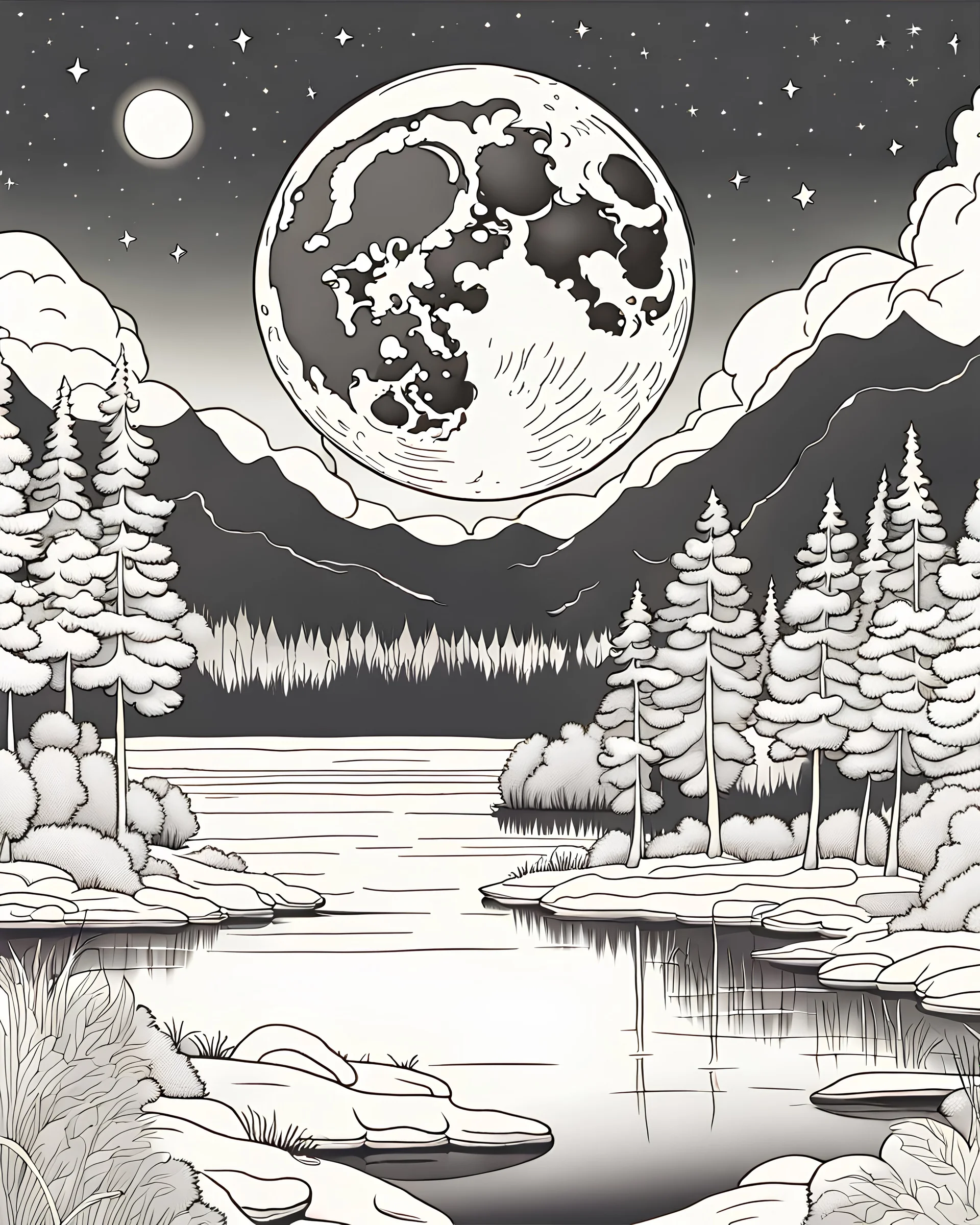 B/W outline art,coloring book page, full white, super detailed illustration for adult, "Giant Moon over a Tranquil Lake", crisp line, line art, high resolution,cartoon style, smooth, law details, no shading, no fill, white background, clean line art, Sketch style.