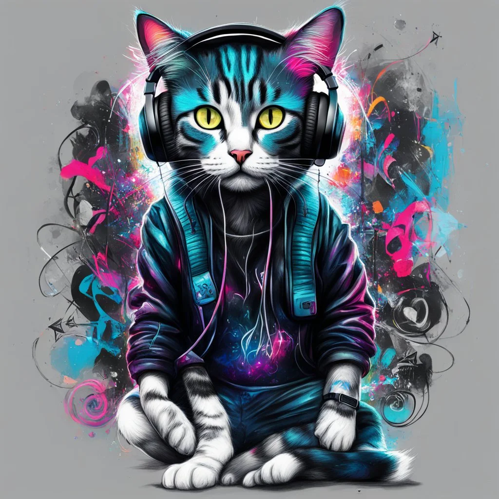 Illustrative sketch of cat Humanoide in music with headphones, full body, ultra quality, hyper detailed, graffiti, concept art, maximalism, 8k