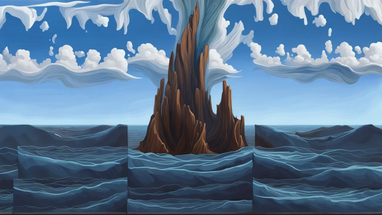 a thick hollow twisting tree trunk rises out of the raging sea, a whirlpool inside the base of center of the ocean inside the hollow part of the trunk, masterpiece, photorealism