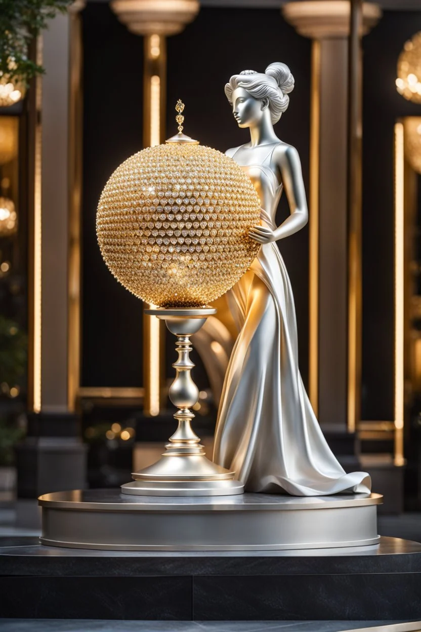 A magnificent golden and silver heart-shaped sign adorned with a stunning golden sphere encrusted with sparkling diamond clusters at its center, elegantly spinning in position,a girl statue standing pose