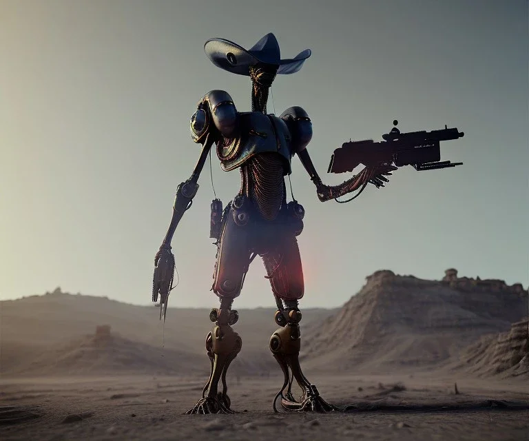 Alien, mech, vest, jellyfishsombrero, metal, holding gun, steel hands, strong, chest plate, holding rifle, pauldrons, pressurizedcowboyboots