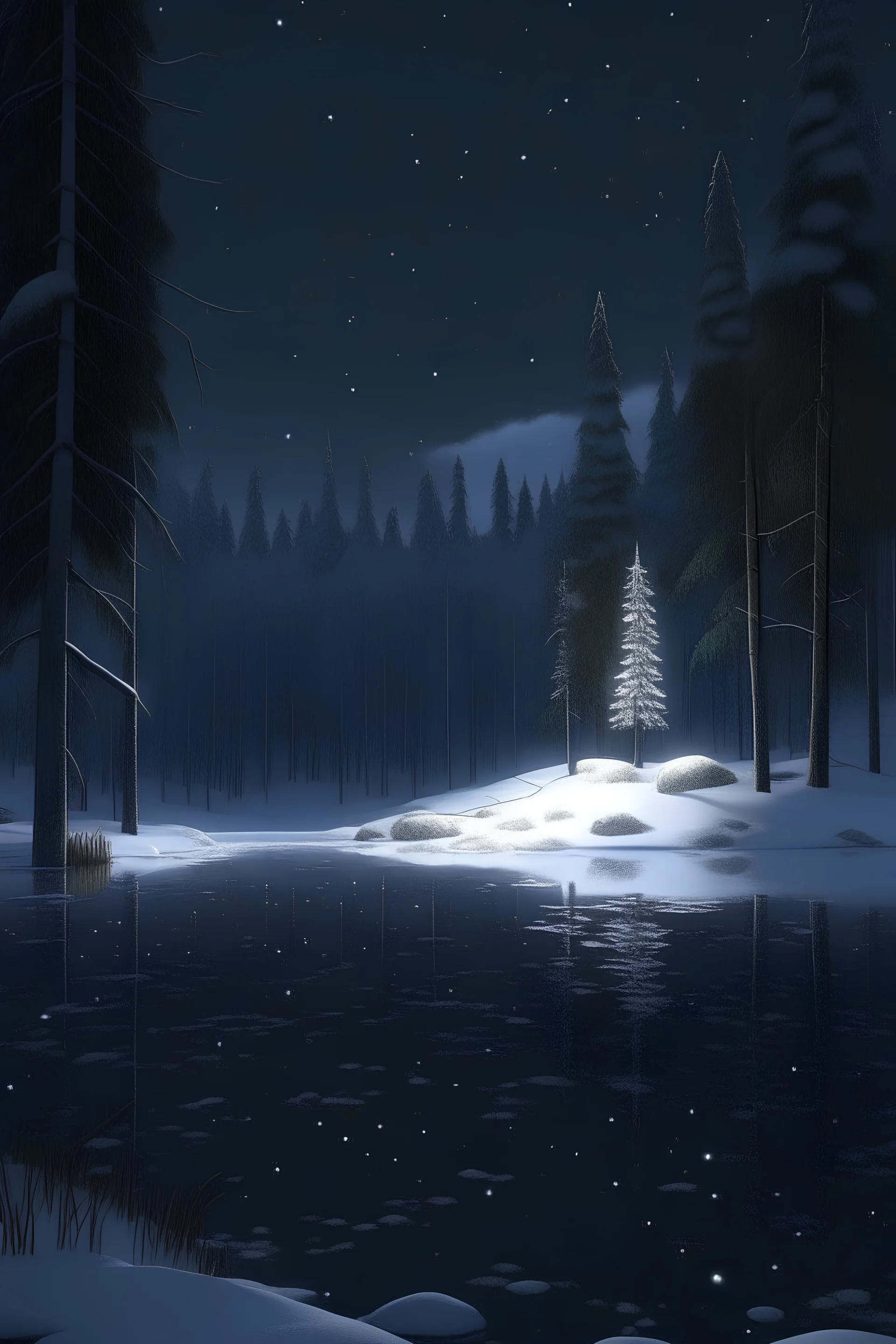 nintedo 64 graphics winter forest at night next to frozen lake with snow falling