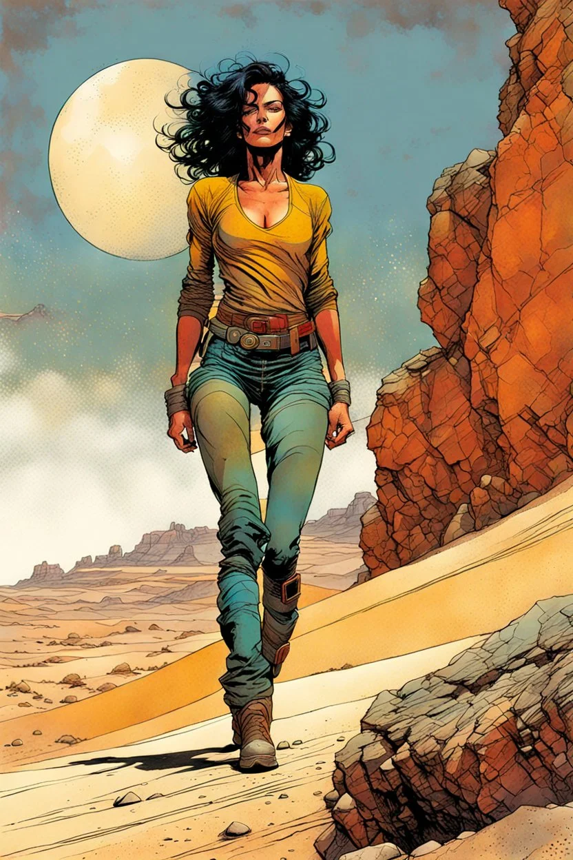 create a fine art print full body illustration of a rugged gritty, roughly textured Fremen female with highly detailed feminine facial features, traversing a a rocky outcrop amidst the desert sands of Arrakis, dusty, gritty, in the comic book art style of Bill Sienkiewicz, and Jean Giraud Moebius, finely textured, drawn, colored, and inked,