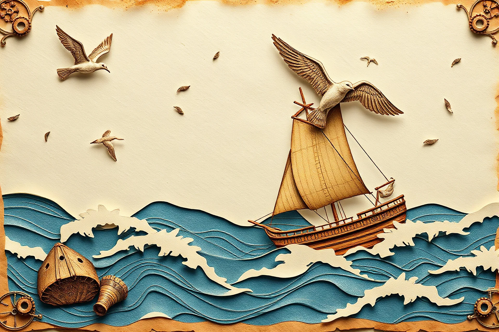 steampunk paper design with sea and birds for background