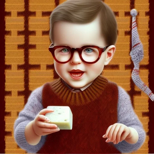 Peter billingsley chubby kid Tortoise-shell glasses, Holding a ((dark red soap bar)) in his hand, brown argyle sweater, no Soapwrapper