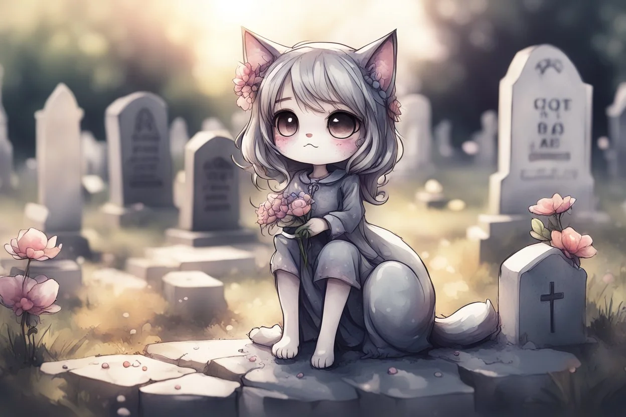 cute chibi cat girl in the graveyard, sadly sitting next to a grave, flowers in her hand in sunshine, melting watercolor and black ink outlines on wet paper, shading colors, soft strokes, ethereal, otherwordly, cinematic postprocessing, bokeh, dof