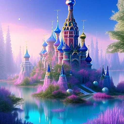 one small Russian crystal subtle castle blue and pink in a galactic ambiance , blue lake, delicate colors, bin the foreground, full of details, smooth，soft light atmosphere, light effect，vaporwave colorful, concept art, smooth, extremely sharp, masterpiece, best quality, blue skinned, sparkling,8k, , sun light, 8K, RAW, depth of field,high contrast,