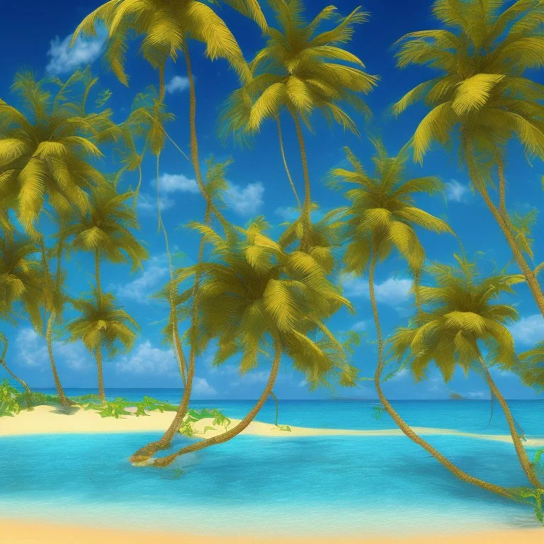 9. Generate an image of a sun-soaked beach with palm trees and crystal-clear water