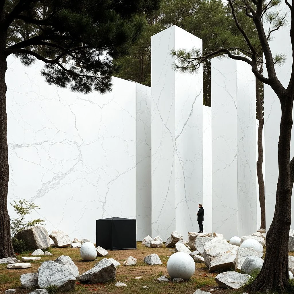 Un'immagine di un paesaggio naturale con marmi pastello imponenti accanto a strutture artificiali verticali e alberi. Queste strutture sembrano blocchi rettangolari riflettenti, come colonne di vetro, che creano un contrasto tra il naturale e l'artificiale. Gabbia brutalista si erge solitaria. Persona osserva. bianco con venature e solchi. Tenda nera. La scena trasmette un senso di sospensione e dialogo tra elementi organici. Dettagli degli specchi e delle rocce molto accentuati. Sfere