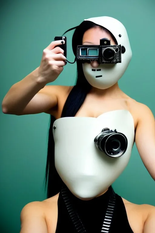 Cyber-punk style random-mask. Large fencing mask covers cheeks. Trim girls. Reflective white plastic skin. Camera lenses as eyes. Head full of integrated old-fashioned cameras. Golden to cyan surfaces body, latex. Perfect body, thick thighs and calves. Asa Akira. SElfie with old-fashioned cameras in both hands. Wide hip, skirt bleats nicely. Camera at mons veneris. Partly symmetrical. Cameras hanging on wide plastic belt. Euclidean 3D-tiling walls. minimalism. surveillance cameras in head