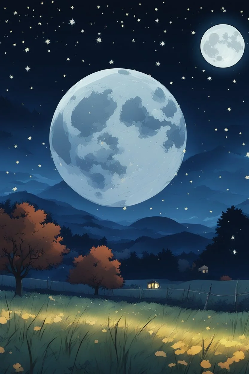 starry night with a full moon in a pasture during fall anime