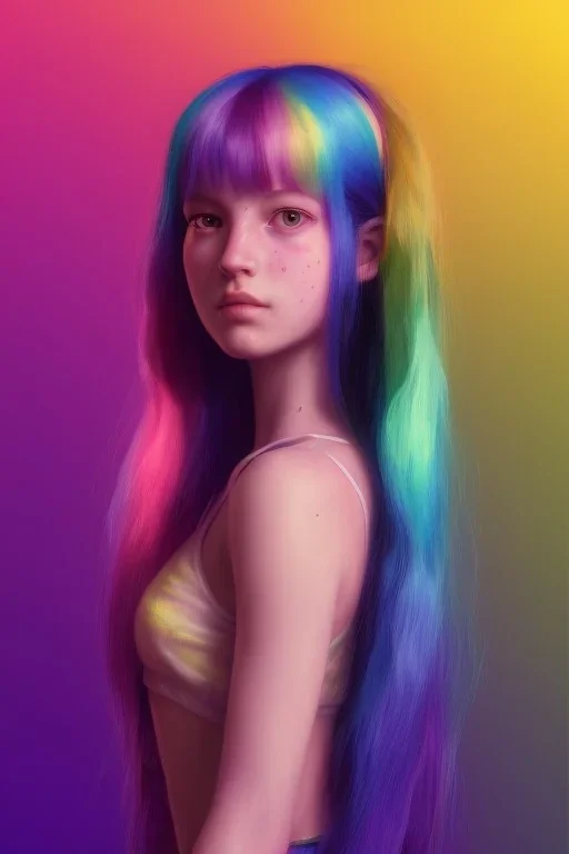 girl, cute, beautiful, long hair, rainbow hair, rainbows, close up portrait by Greg Rutkowski