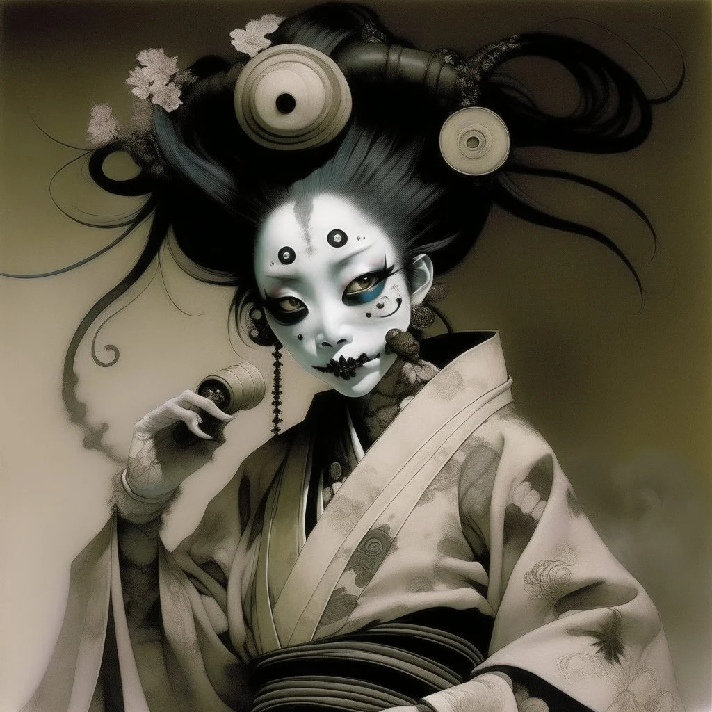 zombie geisha with pale cracked skin wearing a gas mask, baroque, macabre grim illustration, by Stephen Gammell