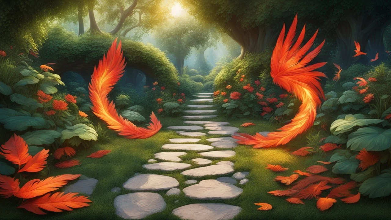 garden with lush greenery and a beautiful stone winding path. Only one creature: the Firebird. The feathers of the Firebird are vibrant red, orange, and gold, each one glowing with an otherworldly brilliance.