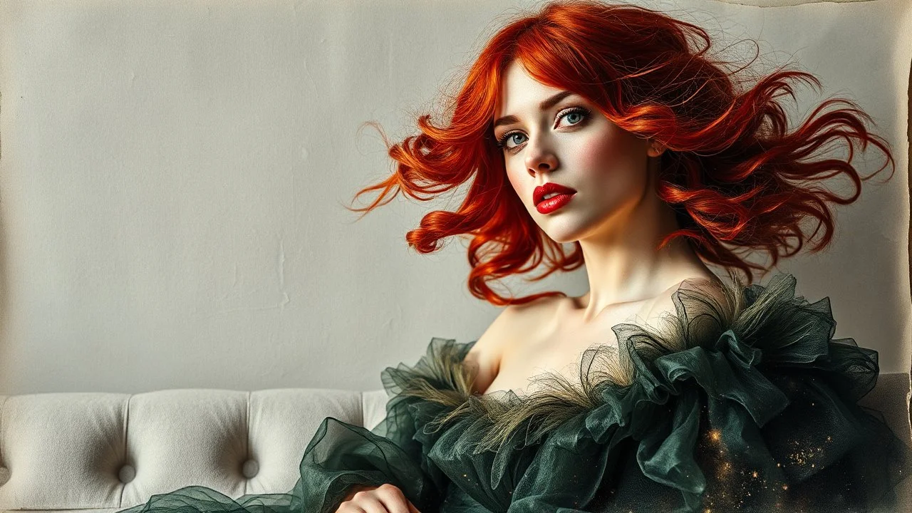 mixed media, multiple exposure, old worn torn plain canvas, grunge, layered, embossed, fine art luminous soft watercolor, glitter, mid-ground, luminosity, highlights, gold fragments, light effects, dark grey-green fragments, dot technique, portrait of Victorian Gothic woman on SOFA, Red hair, light Red lips, fluffiness, wind, airy dark GREEN flowing dress, Fur, swirls, layered, blending, textured, 3D, 8K, best quality, fine rendering, high detail, hyperrealism, high resolution, high definition,