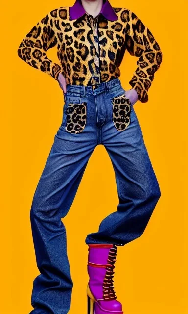 Photo of Scarlett Johansson. Huge leopard firures Printed on denim!!!! :terracotta, cream and purple, lilac and Cream latex, imperial yellow, red plum. Baggy jeans! plant print.European daft punk woman. Baggy jeans! Mantle is sewed of recycled Denim and sewed together of recycled polymer felt. lace, Yellow(Munsell) areas. hint of orange as effect color!!Big bright purple/khaki felt tippet and cream or blue or lilac colored-hood. mantle is merged with satchel. . Headphones is merged with felt hoo