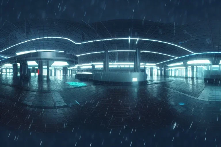 equirectangular projection grid of a futuristic bladerunner cyberpunk trainstation in the rain at night, volumetric lighting 4k spherical panorama realityengine photorender hyperdetailed cinematic