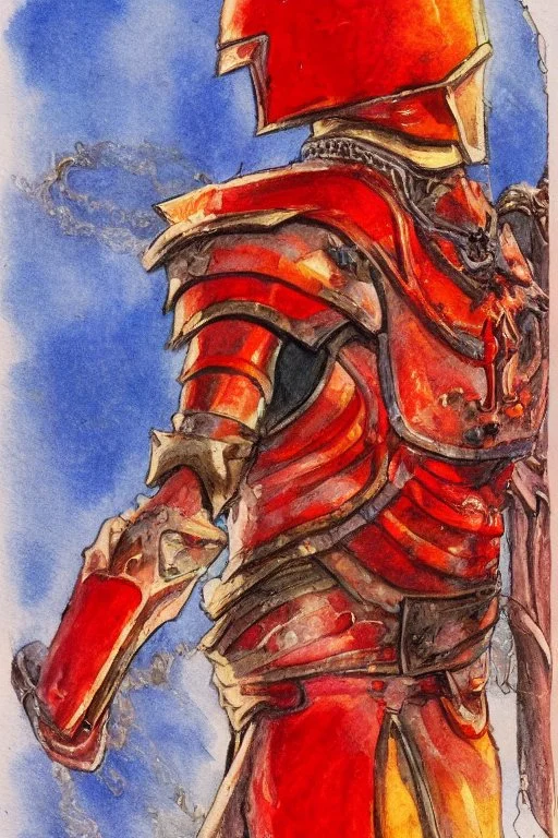 dnd, fantasy, watercolour, illustration, red phantom, knight, plate armour, all red, transparent, veins of golden light