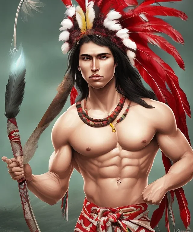 Guaicaipuro, native american god warrior, long black hair, big muscles, red feathers headdress, shirtless, holding a stone tip spear