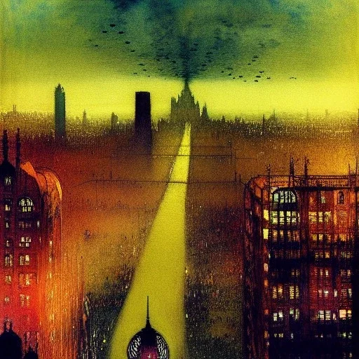 Metropolis Skyline , bright colours, watercolor, volumetric wool felting, macro photography, children illustration, by john atkinson Grimshaw, detailed painting