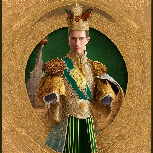 King wears garments of fine green silk, and gold embroidery. And adorned with bracelets of silver,