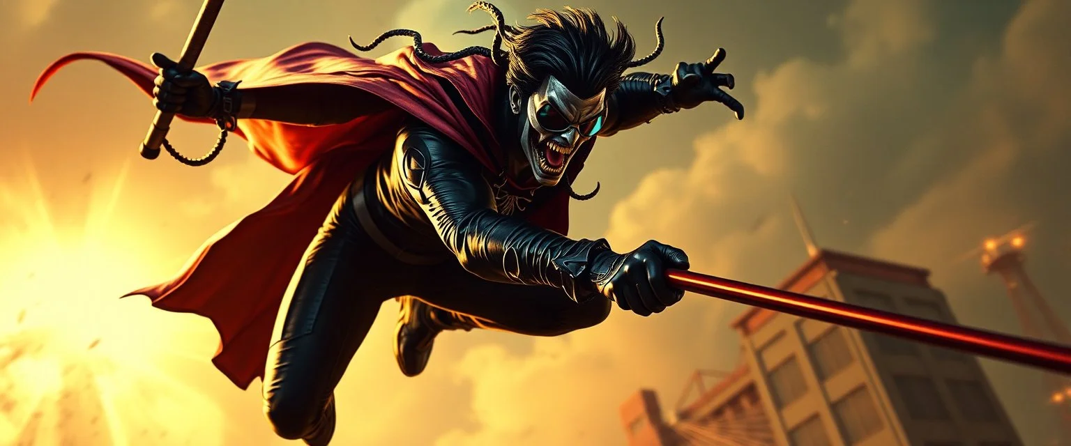 vampire cyberpunk action scene, acrobatic dodge, cape harlekin, spider venom, sun glasses, swing pole