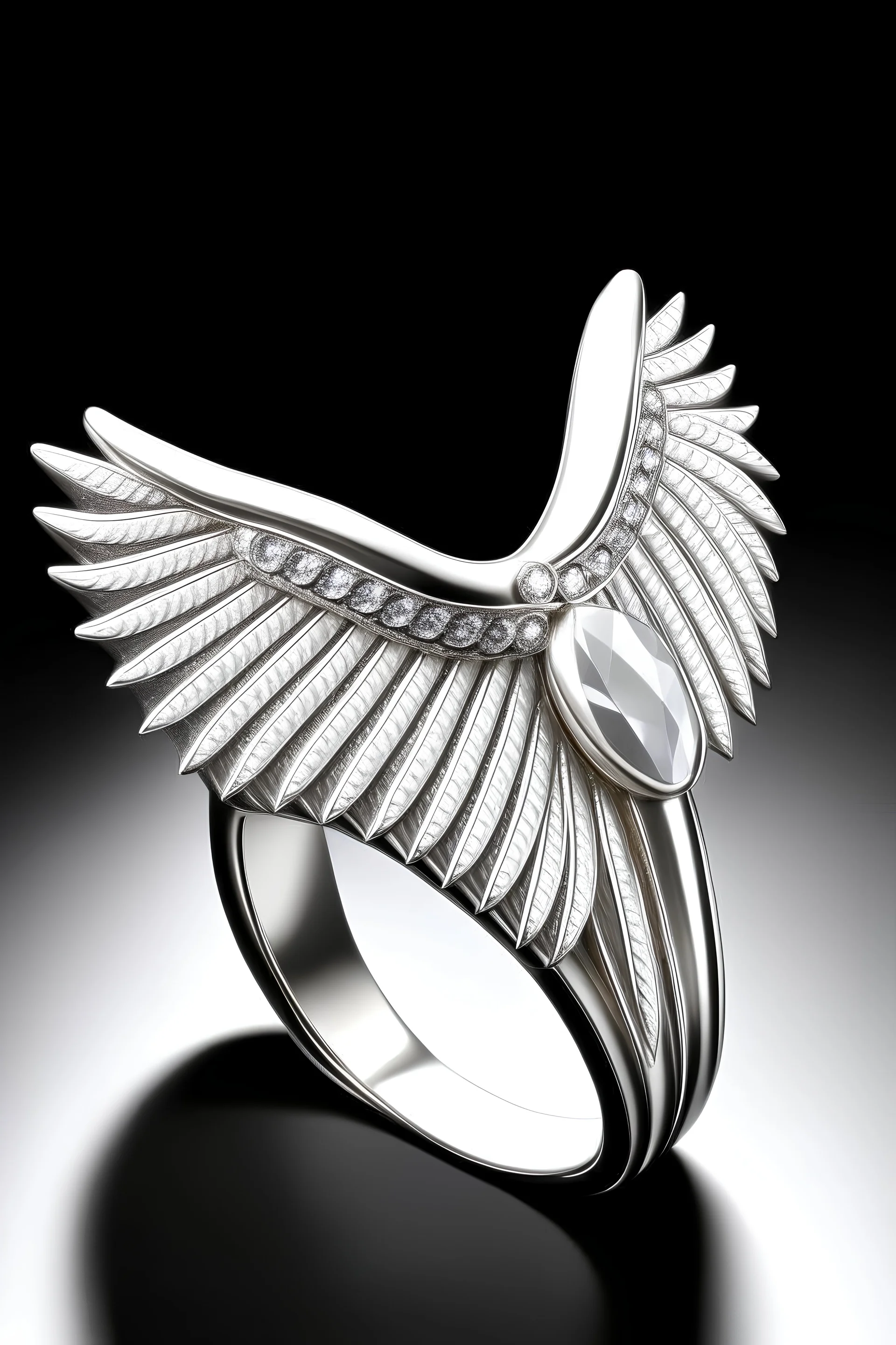 A white stone ring with angel wings .