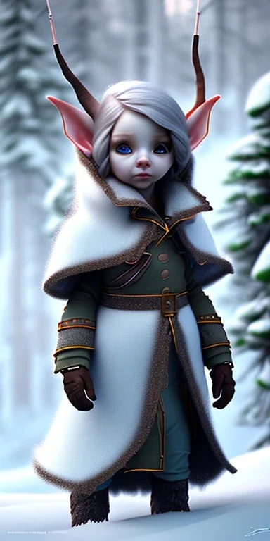 Tiny cute and adorable elven adventurer dressed in a warm overcoat with survival gear on a winters day, Cedric Peyravernay Art, anthropomorphic --ar 2:3 --beta --upbeta --upbeta