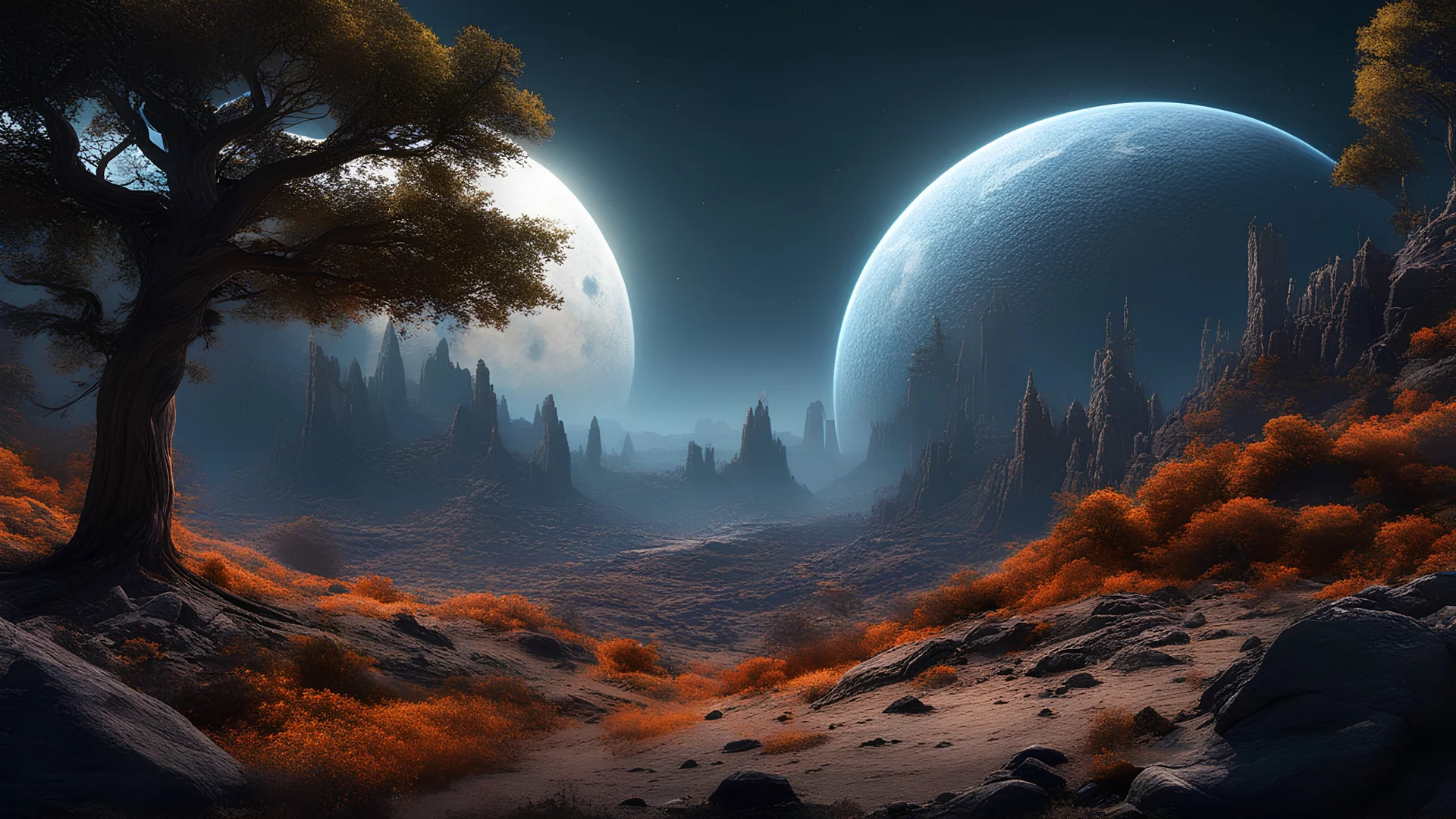 Landscape of a dark far away planet, rock and organic soil, glowing trees, UHD, masterpiece, trending on artstation, sharp focus, studio photo, intricate details, highly detailed, by greg rutkowski, best quality, high quality, good