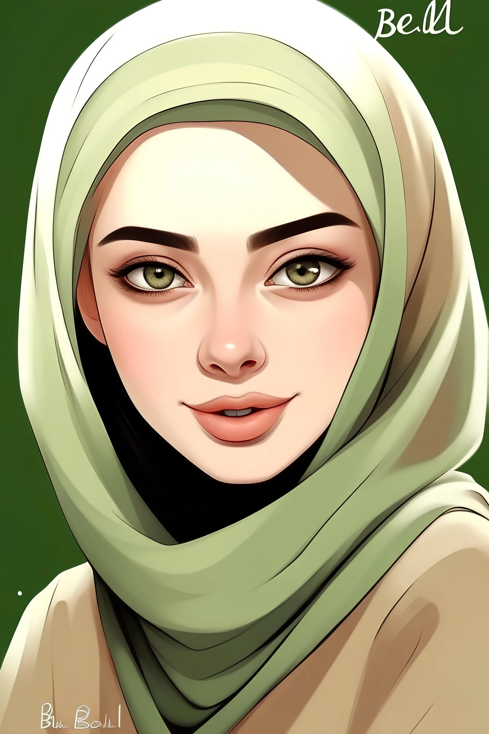 Simple drawing, Blonde, Green eyes, blonde eyebrows ، wearingg a hijab a ، write Bella signature Bella, cartoon style, color flat