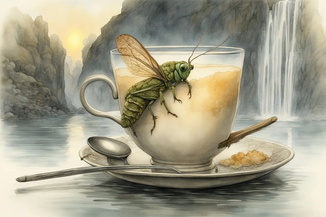 a cup of icecream, by Jean-Baptiste Monge, double exposure Grasshopper, waterfall, reflection, sunrise, Misty morning smooth intricate high definition beautiful lighting pencil sketch watercolor polished warm light LNF S<AI watercolor and ink, intricate details, fantasy, beautiful, award winning, colorful, fantastic view, crisp quality, in sunshine