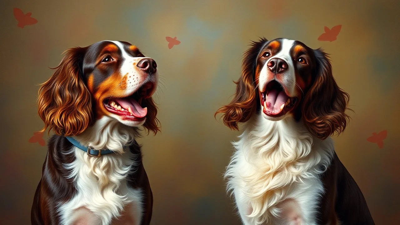 spaniel dogs singing, detailed colour photograph