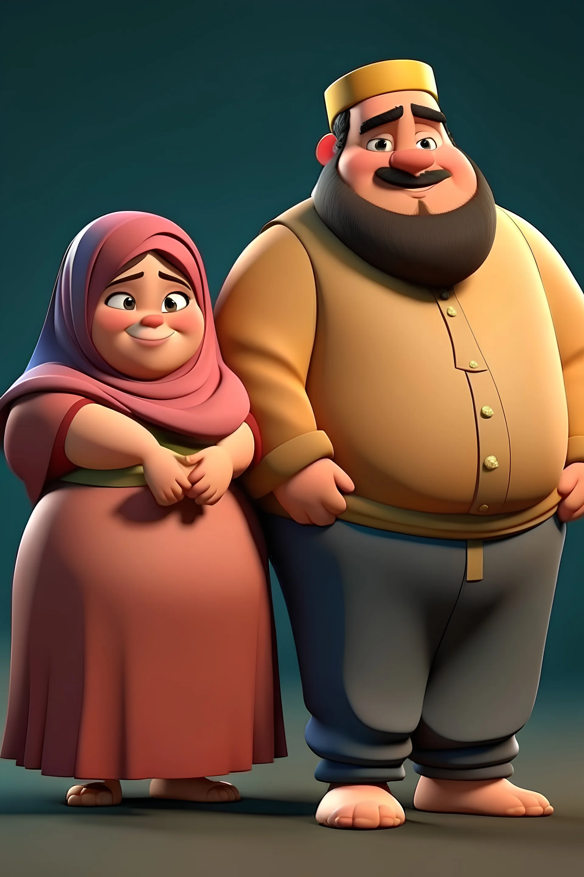 Buat gambar 3D animasi Disney, suami gondrong dan janggut, istri berhijab chubby dan lucu