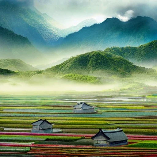 incredible, stunning japanese rice fields with wood shanties, mountains in the distance, colorful morning sky and mist, 8k, high-quality, ultrafine-detail, intricate, detailed matte, digital painting, artwork, brian froud, howard lyon, selina french, anna dittman, Wajima Ishikawa, Greg Rutowski