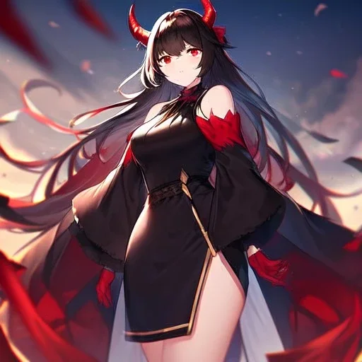 Clear focus,High resolution, Black sleeveless fluffy Shirt, Black short skirt with Red under it, Cut sleeves that are Black, Standing still, Black long hair, Red eyes, Red horns