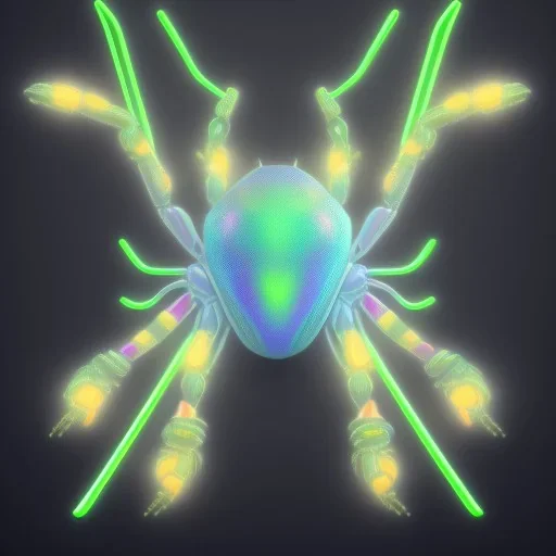 A beautiful portrait of a cyborg spider wite neon color scheme, high key lighting, volumetric light high details psychedelic background