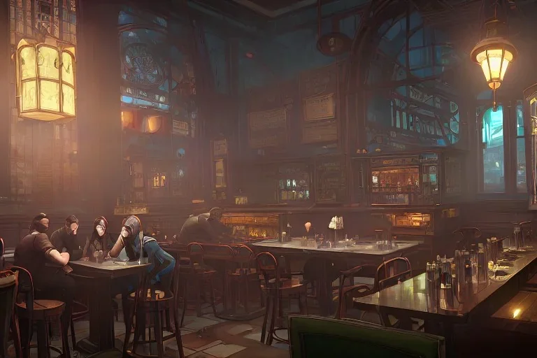 Corner diner+corner cafe+trees+old city lamps+Gothic city+BioShock+Dishonored +Bloodborne +trieste+Edinburgh+london+ alphonse mucha, greg rutkowski, matte painting, cryengine