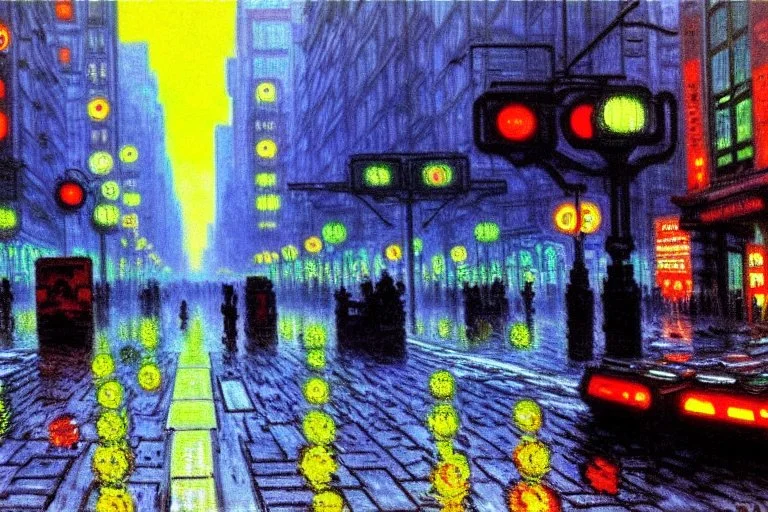 Cyberpunk street, claude monet impressionism painting