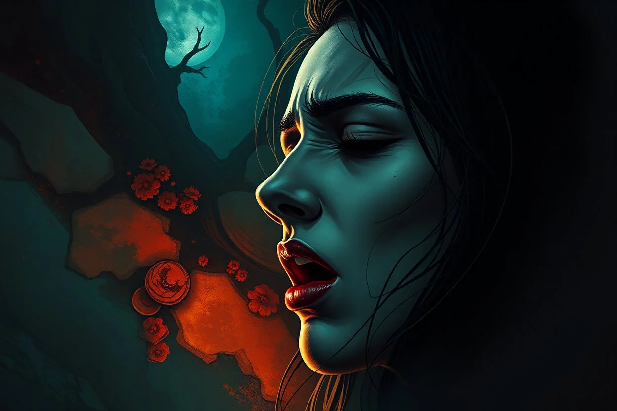 midle close human woman cry and howling, pain, thriller, alone, dark colors, sharp focus, surreal shapes, faded colors, dark mood, surreal, dramatic atmosphere. intricate, stunning textures , illustration by Juan Brufal, by Esté MacLeoad, Cyril Rolando, Hayoa Miyazaki