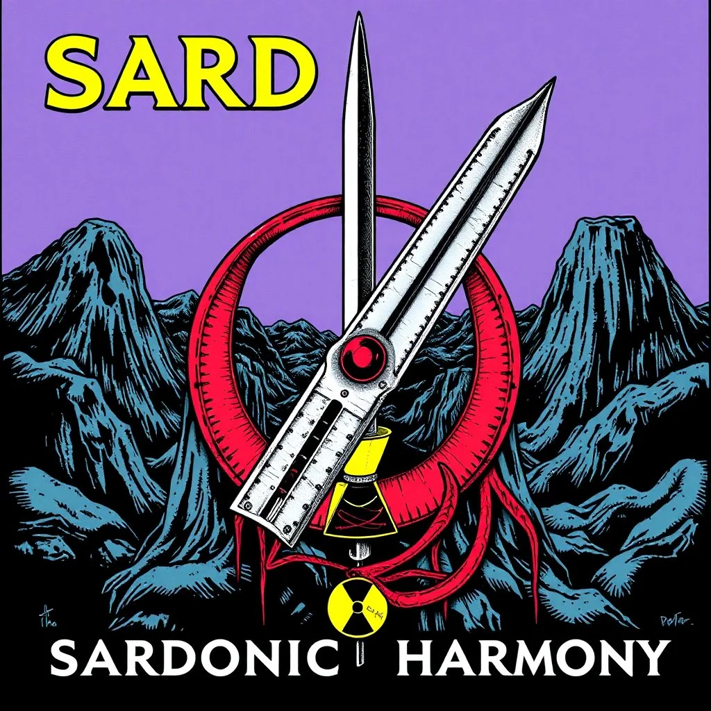 Album art by Peter Saville, color illustration, logo for "SARDONIC HARMONY", guillotine blade and radiation symbol, gnarly, awesome, trending