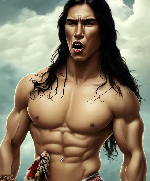 native american warrior, long black hair, big muscles, face up, mouth wide open, scream face, shirtless, looking to the sky