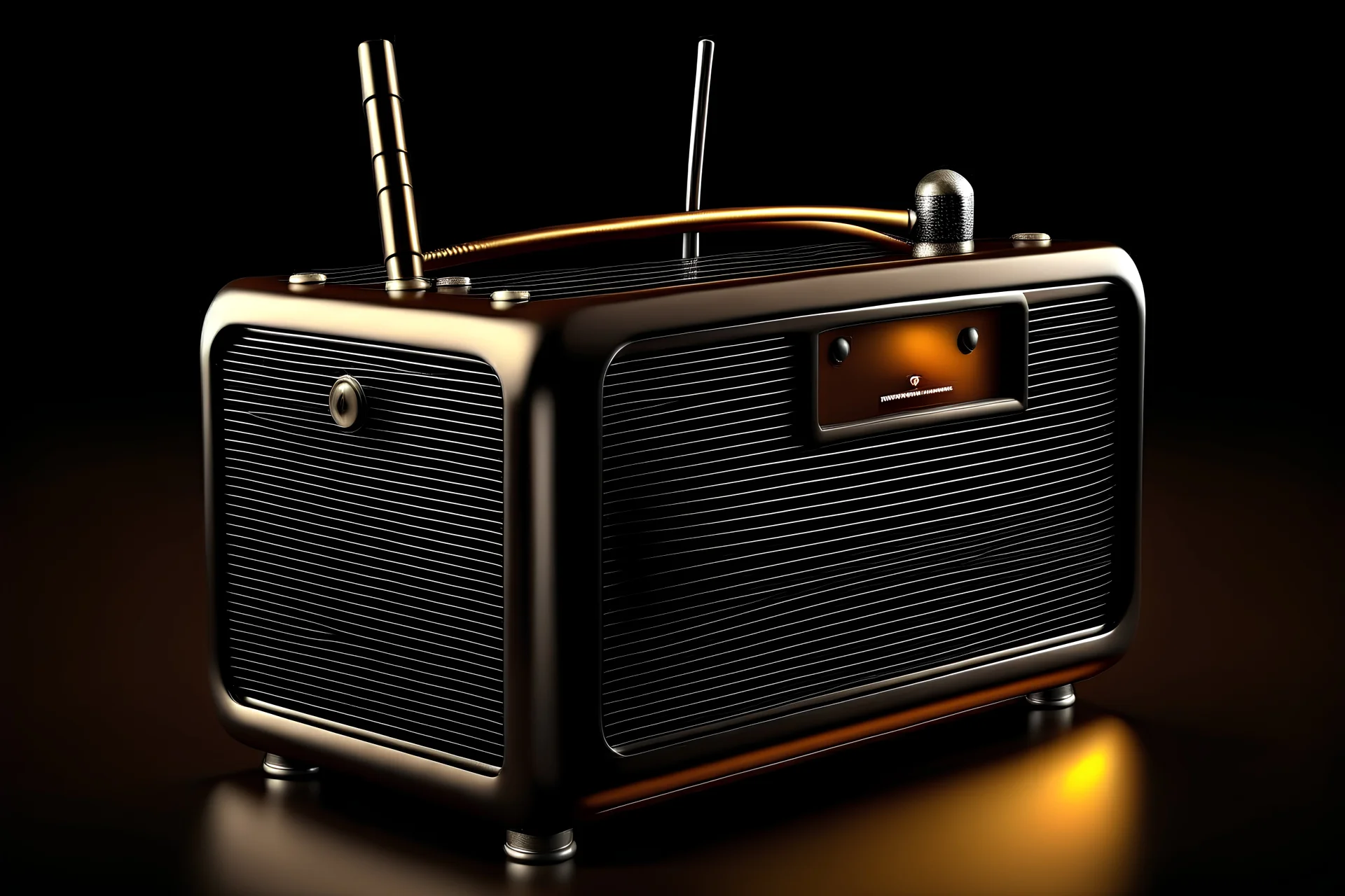 cartoon-looking brown and silver colored vintage radio has an antenna sticking out from the top of it. black dominates the entire background of the photo.