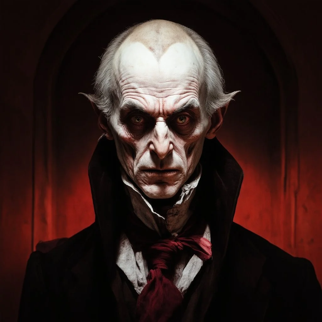 very grainy discolored modern photo, closeup portrait, dark ancient hall with no lights, grunge, extremely old male with chalk-white skin wearing a 1600's kamzol, threatening, imposing, nosferatu