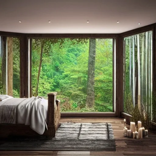 a gorgeous, stunning nature room facing a huge window with forest view, multiple pillows on rustic wood floor, soft, crumpled blankets, many lit candles, foliage, tranquil, cozy, 8k resolution, high-quality, fine-detail, zen-like, digital art, detailed matte, volumetric lighting, illustration, 3D octane render, brian froud, howard lyon, selina french, annie stokes, lisa parker, greg rutowski,