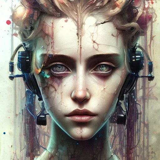 Singer Danish MØ face, Style cyberpunk, watercolor illustration by <agnes cecile> <John Kenn Mortensen> <Yoji Shinkawa>,