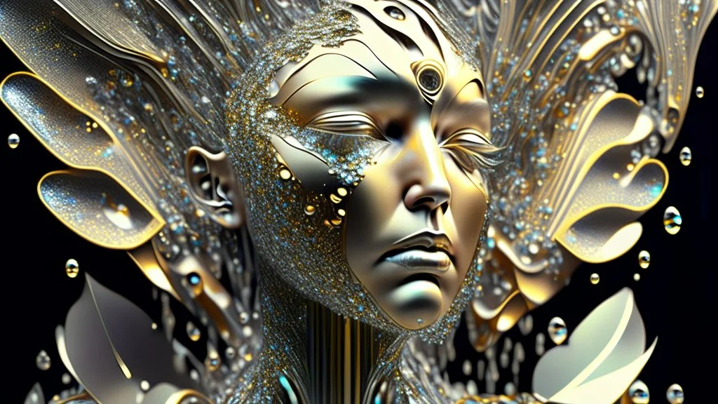 Waterfall, figure of a Woman, art from the "art of control" collection by Jasper Harvey, in the style of futuristic optics, silver and gold, flower, bird, detailed facial features, swirling vortices, 8k 3d, bizarre cyborgs, made of crystals, high detail, high resolution, 8K