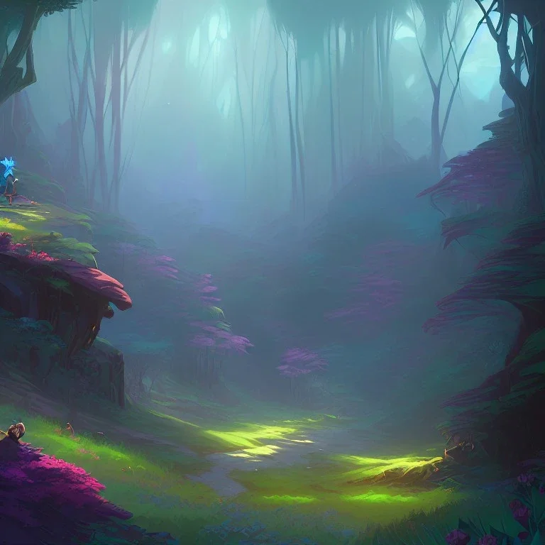 blue ridge mountains environment, fairy novel character, vibrant colors in the style of little african princess, circle shaped format with floral boarder, colorful volumetric reflective lighting effects, beautiful spirit ultra detailed, Intricate concept character design is walking through the dark forest woods